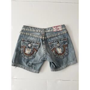 True Religion Joye Big T Denim Shorts Women 26 Blue Washed Distress Thick Stitch